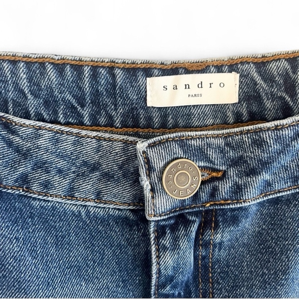 SANDRO Paris Embroidered Logo High  Distressed Blue Mom Jeans 10 - Picture 6 of 7